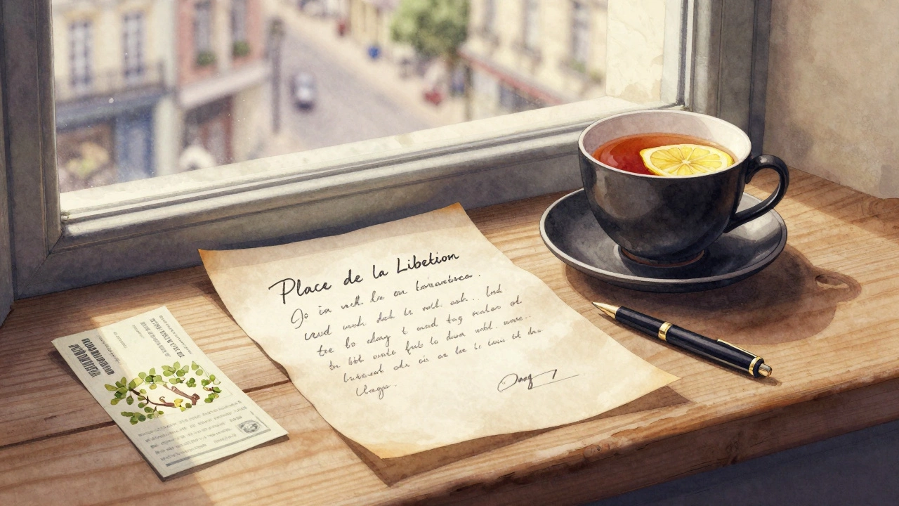 A handwritten note and tea cup on a windowsill overlooking Dijon&#039;s square, morning light filtering through the scene.