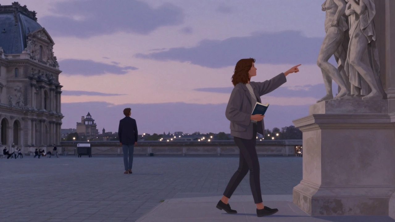 A woman guiding a distant figure through the Louvre courtyard at dusk, emphasizing cultural connection.