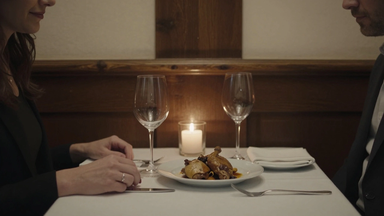 An intimate dinner setting in a Burgundy restaurant with wine glasses and food, no faces shown, only the mood of quiet connection.