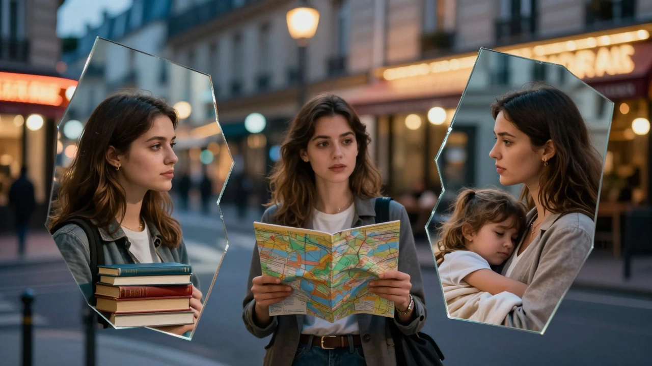 Three reflections of a woman showing her different roles: student, guide, and mother, in a Parisian night setting.